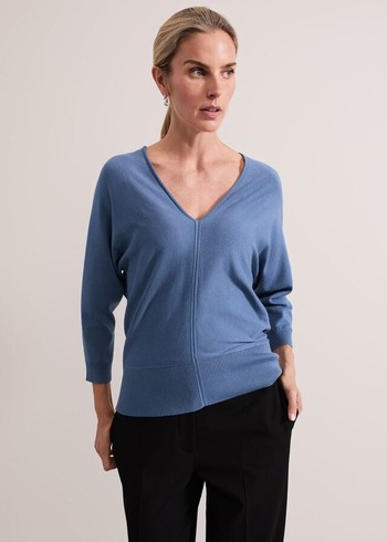 Phase Eight Gina V Neck Batwing Knitwear Blue Australia | GU5710284